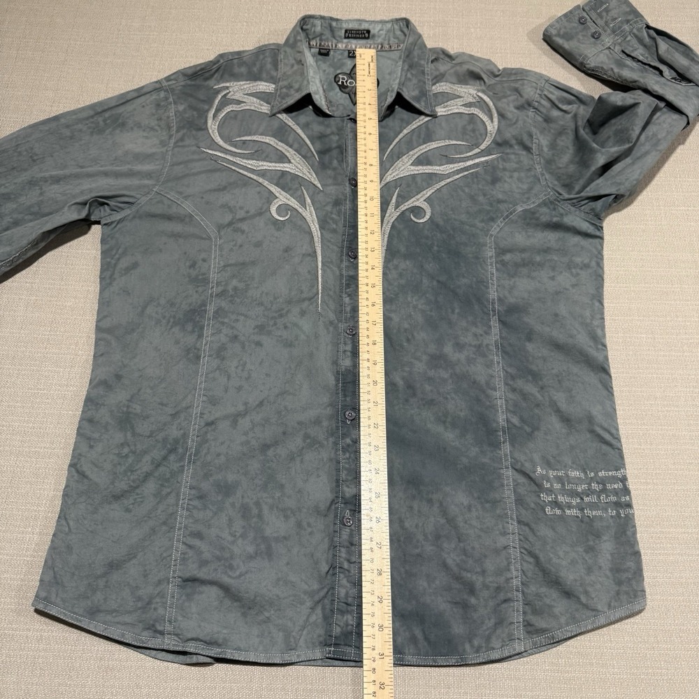 Roar Embroidered Cross Grunge Y2k Button Up Shirt Mens 2XL Distressed Western - Picture 10 of 10